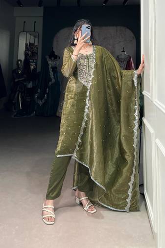 olive embroidered kurta set