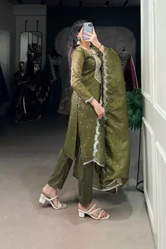 olive embroidered kurta set