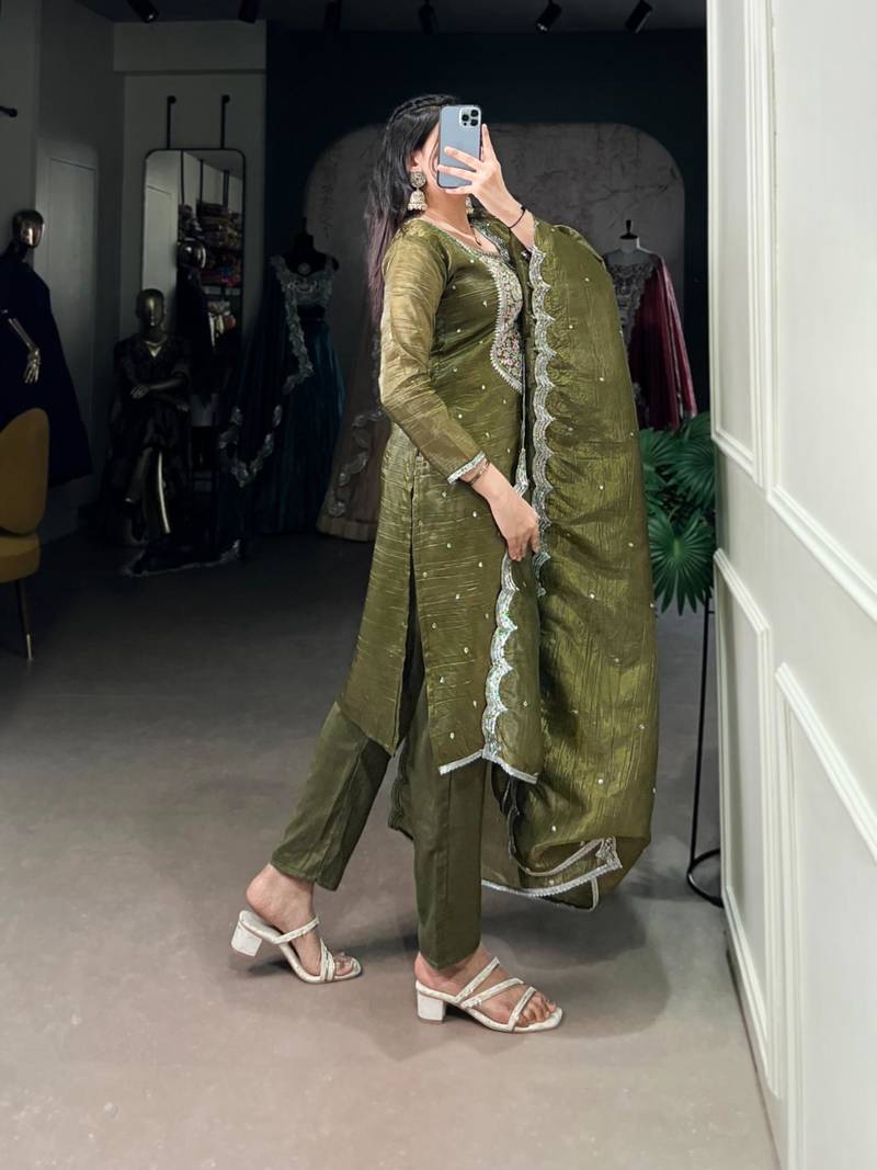 olive embroidered kurta set