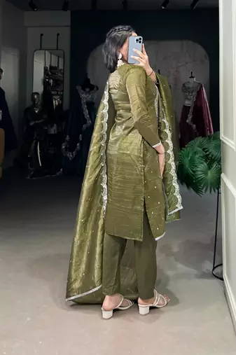 olive embroidered kurta set