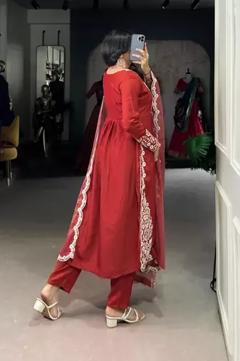 red  embroidered kurta set