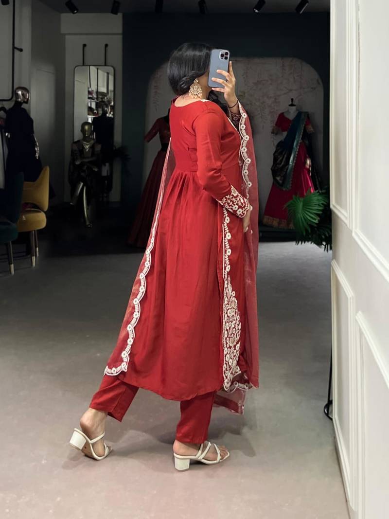 red  embroidered kurta set