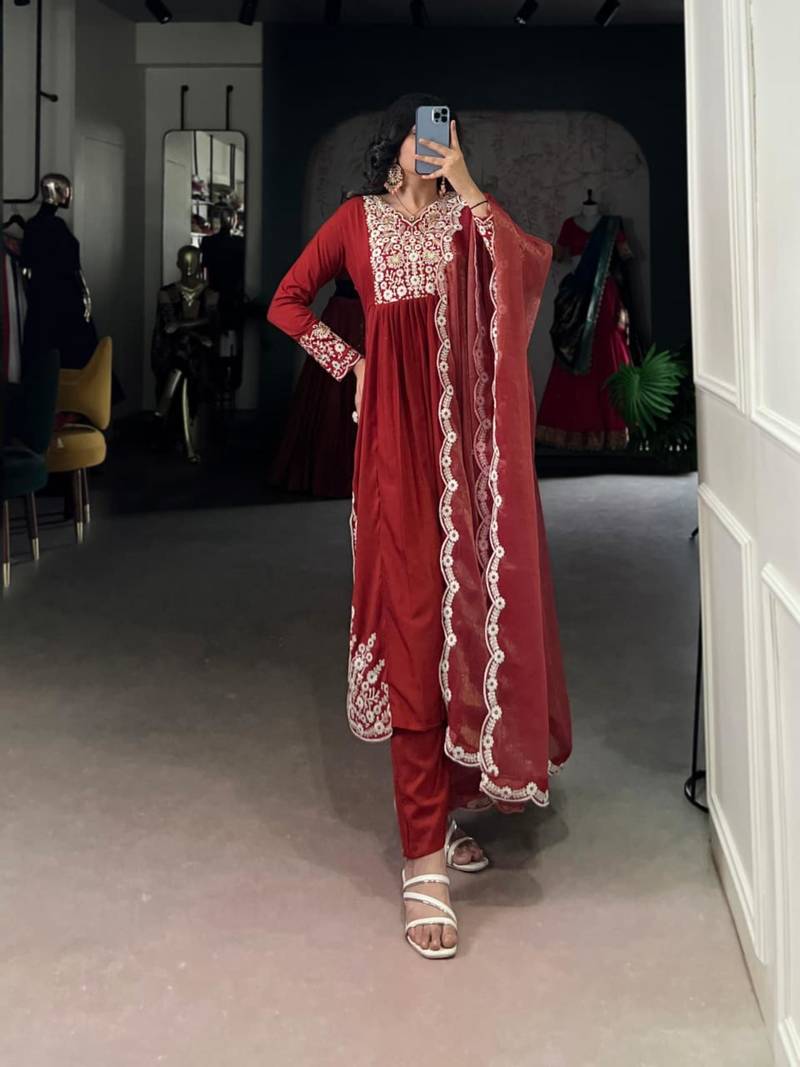 red  embroidered kurta set