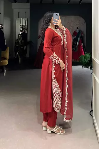red  embroidered kurta set
