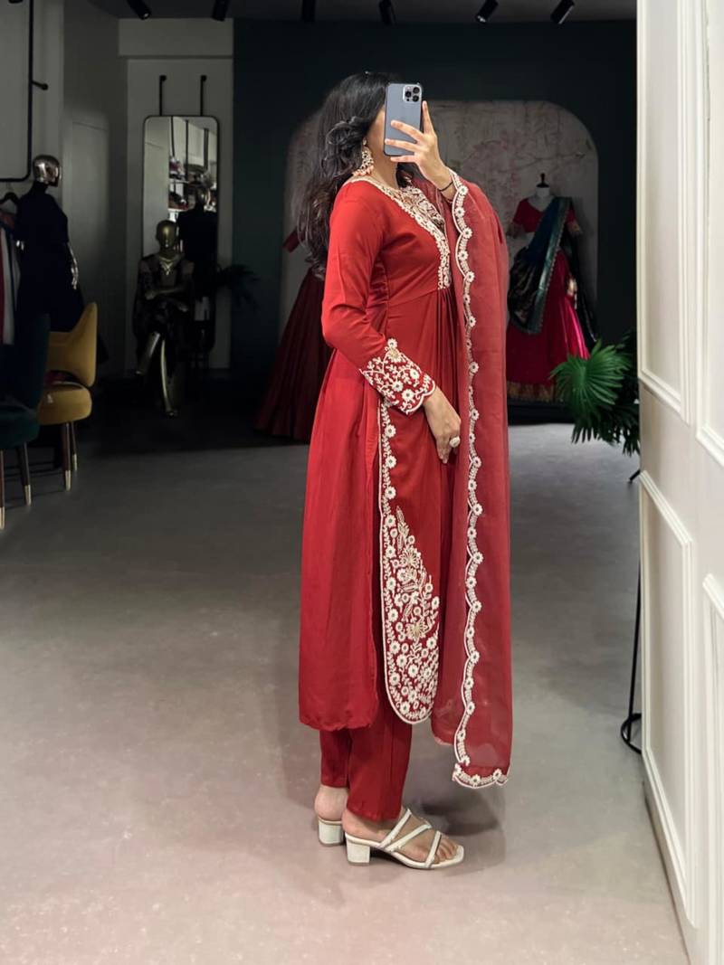 red  embroidered kurta set