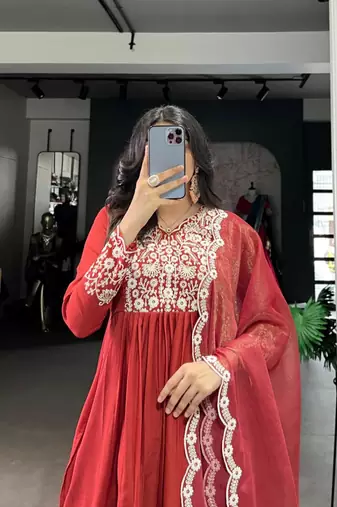 red  embroidered kurta set