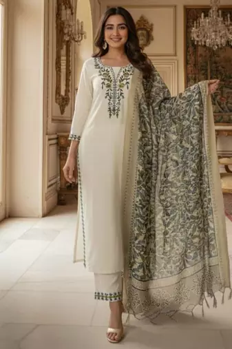 white embroidered designer kurta set