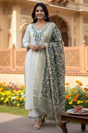 white embroidered designer kurta set