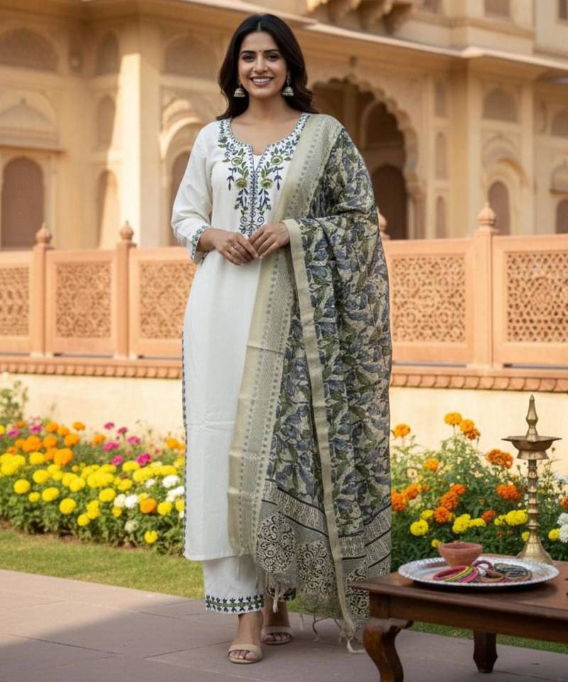 white embroidered designer kurta set