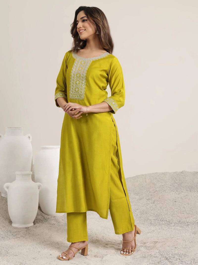 lime embroidered kurta set