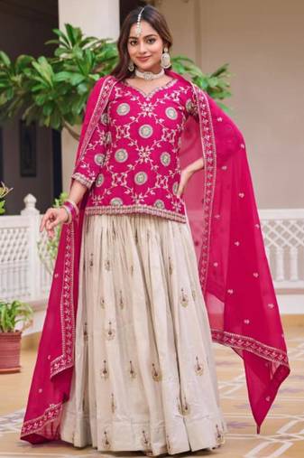 Pink & white Embroidered Lehenga