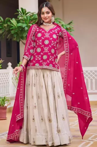 Pink & white Embroidered Lehenga