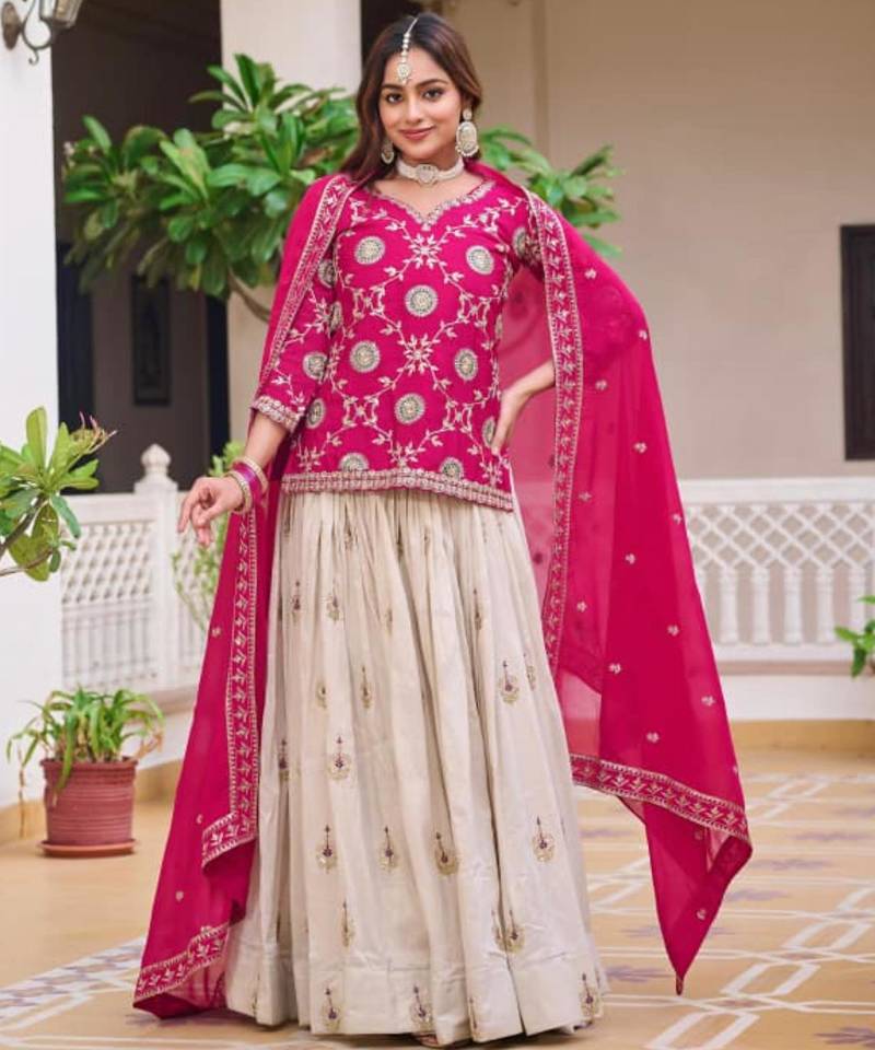Pink & white Embroidered Lehenga