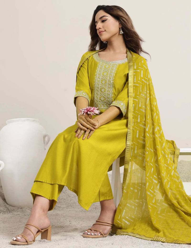lime embroidered kurta set