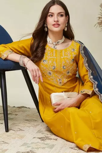 Yellow & teal-blue kurta set