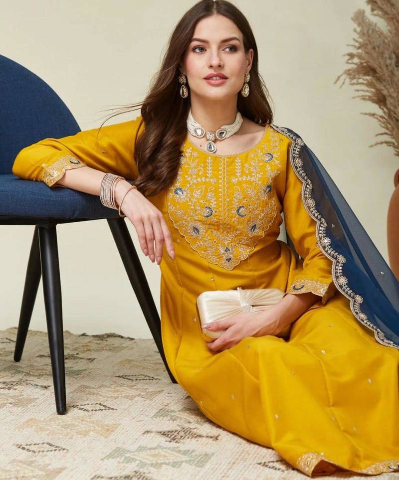 Yellow & teal-blue kurta set