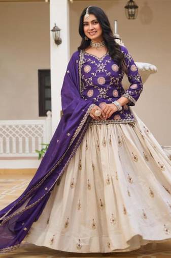 Purple & white Embroidered Lehenga