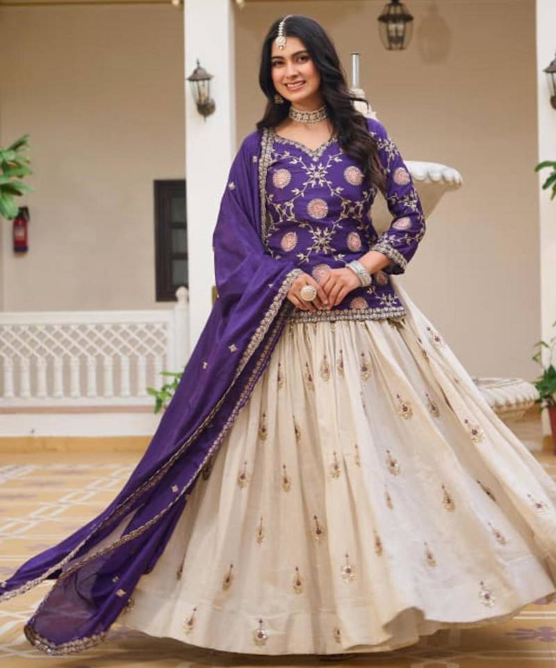 Purple & white Embroidered Lehenga