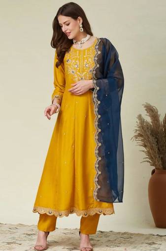 Yellow & teal-blue kurta set