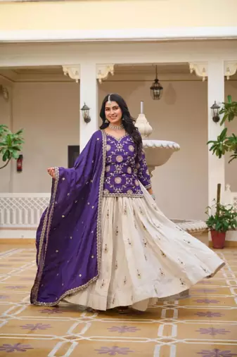 Purple & white Embroidered Lehenga