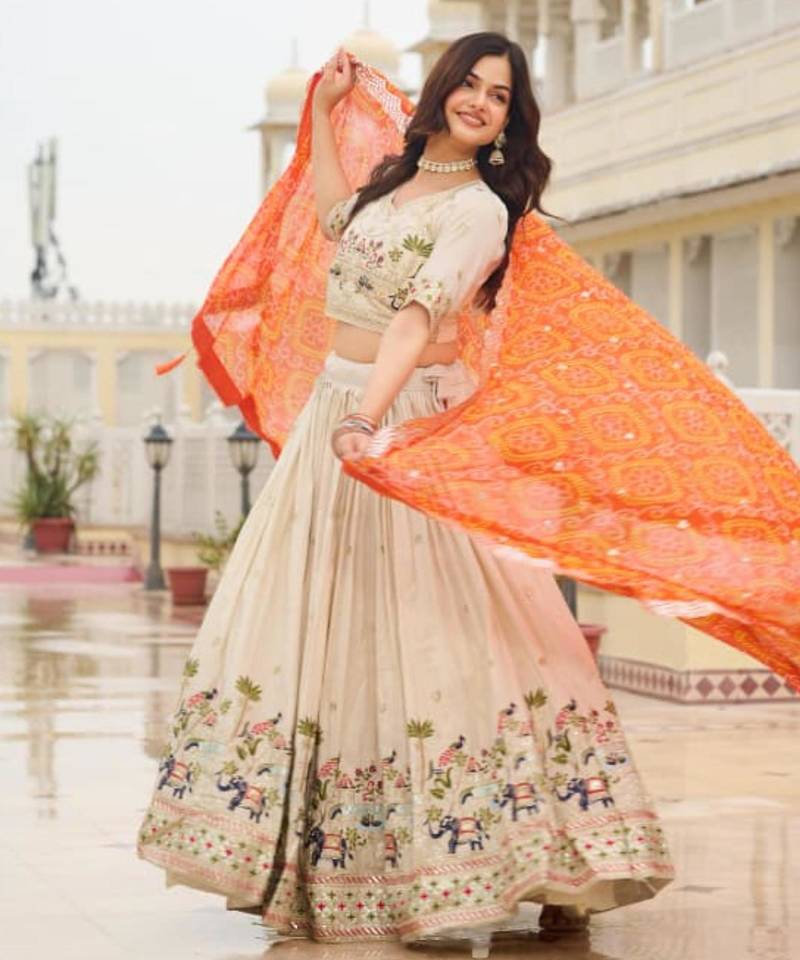 Orange Bandhani Dupatta Lehenga Set