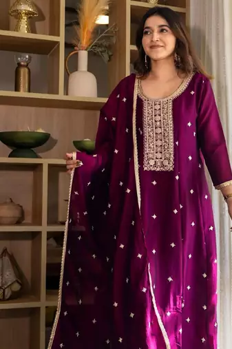 magenta embroidered kurta set