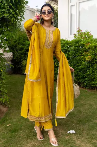 yellow embroidered kurta set