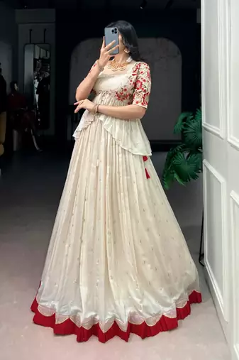 Off-White Lehenga with Red Border