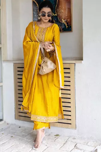 yellow embroidered kurta set