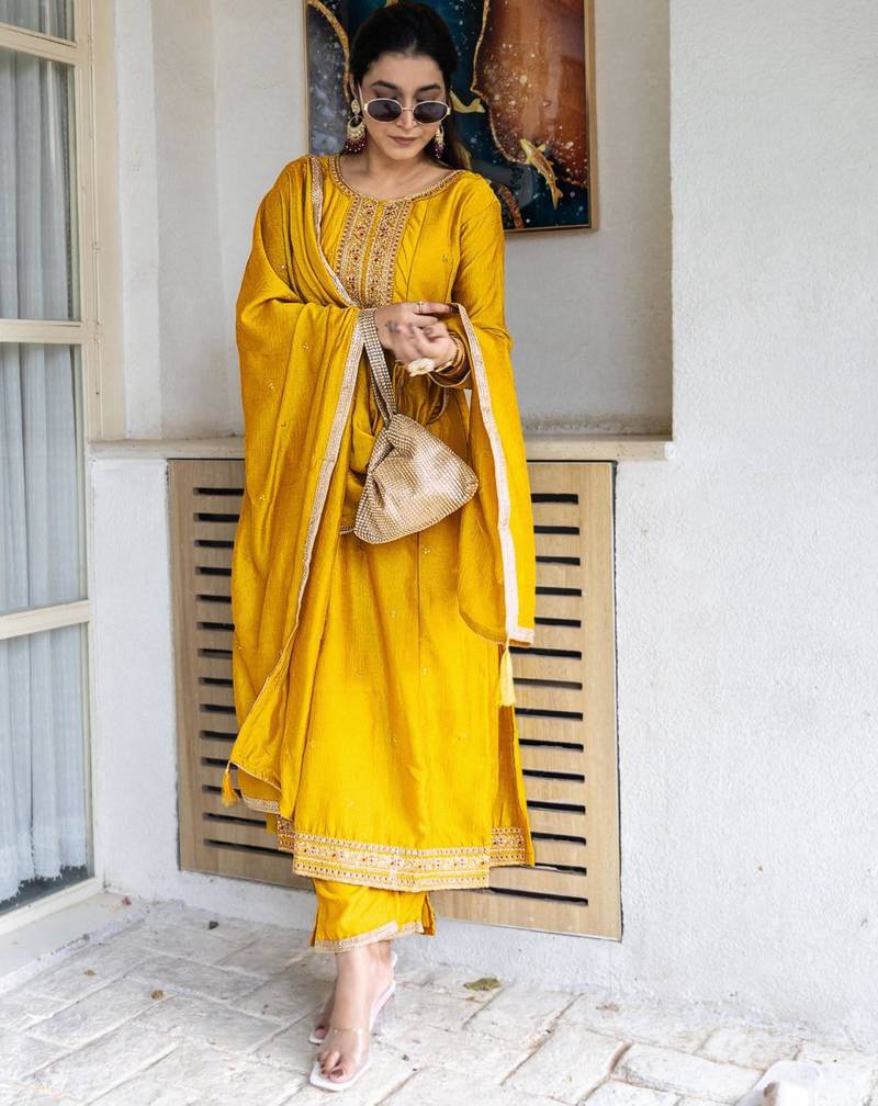 yellow embroidered kurta set