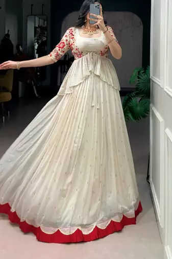 Off-White Lehenga with Red Border