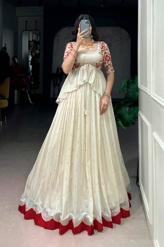 Off-White Lehenga with Red Border
