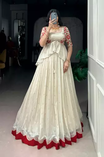 Off-White Lehenga with Red Border