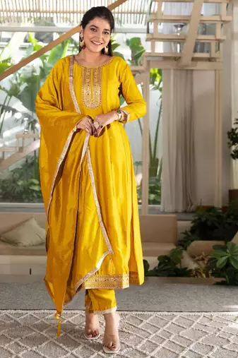 yellow embroidered kurta set