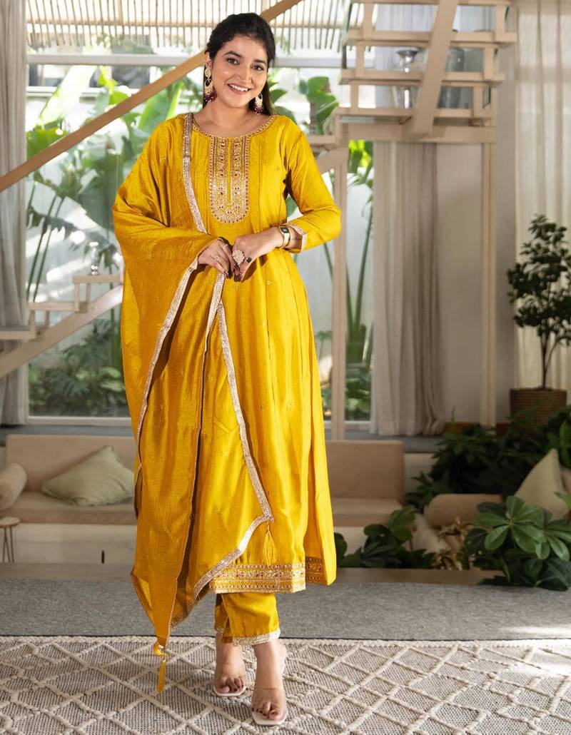 yellow embroidered kurta set