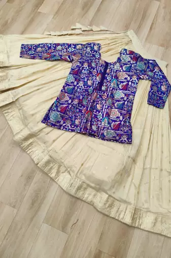 cream jacquard lehenga with purple printed blouse set