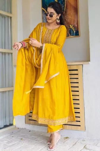 yellow embroidered kurta set