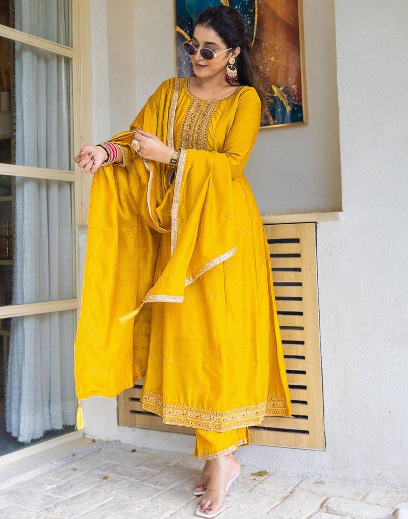 yellow embroidered kurta set