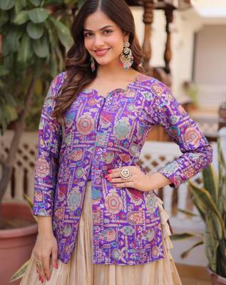 cream jacquard lehenga with purple printed blouse set 4