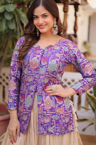 cream jacquard lehenga with purple printed blouse set
