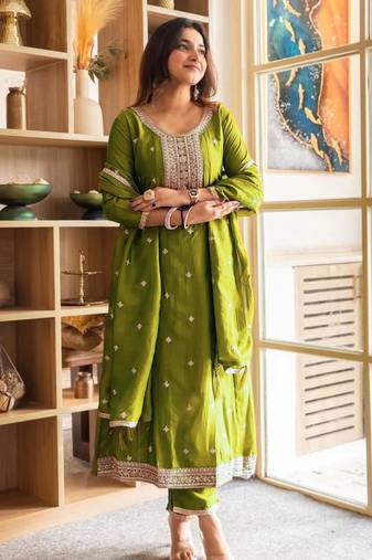 olive embroidered kurta set