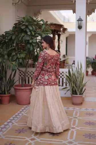 Cream Lehenga Maroon Blouse