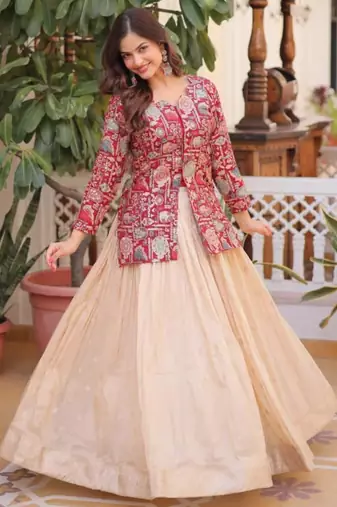 Cream Lehenga Maroon Blouse
