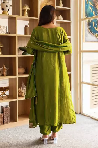 olive embroidered kurta set
