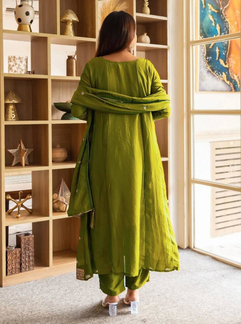 olive embroidered kurta set