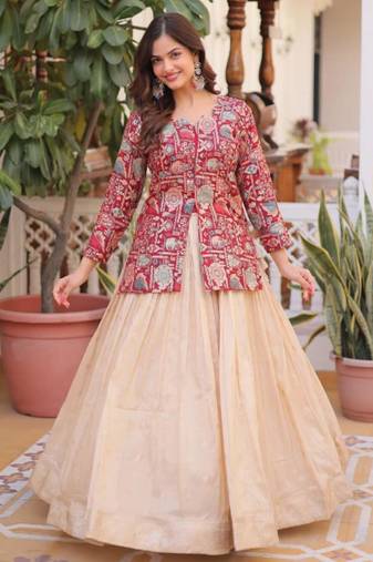 Cream Lehenga Maroon Blouse