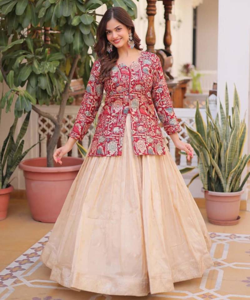 Cream Lehenga Maroon Blouse