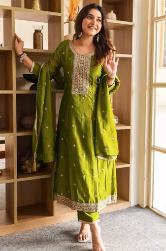 olive embroidered kurta set