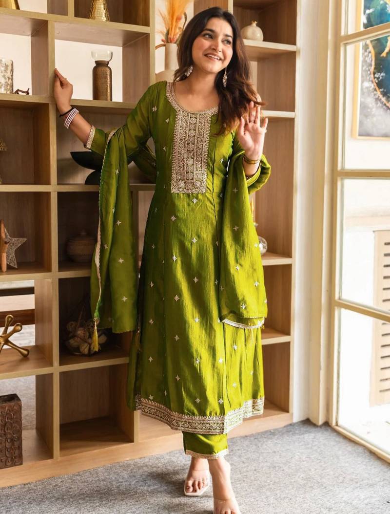olive embroidered kurta set