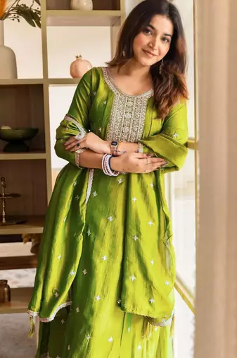 olive embroidered kurta set